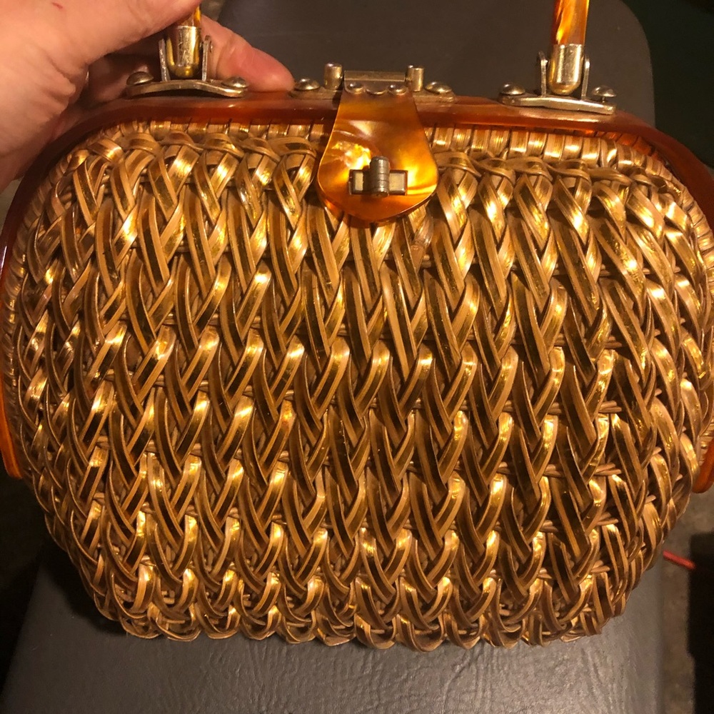 Vintage gold straw bag with lucite hardware